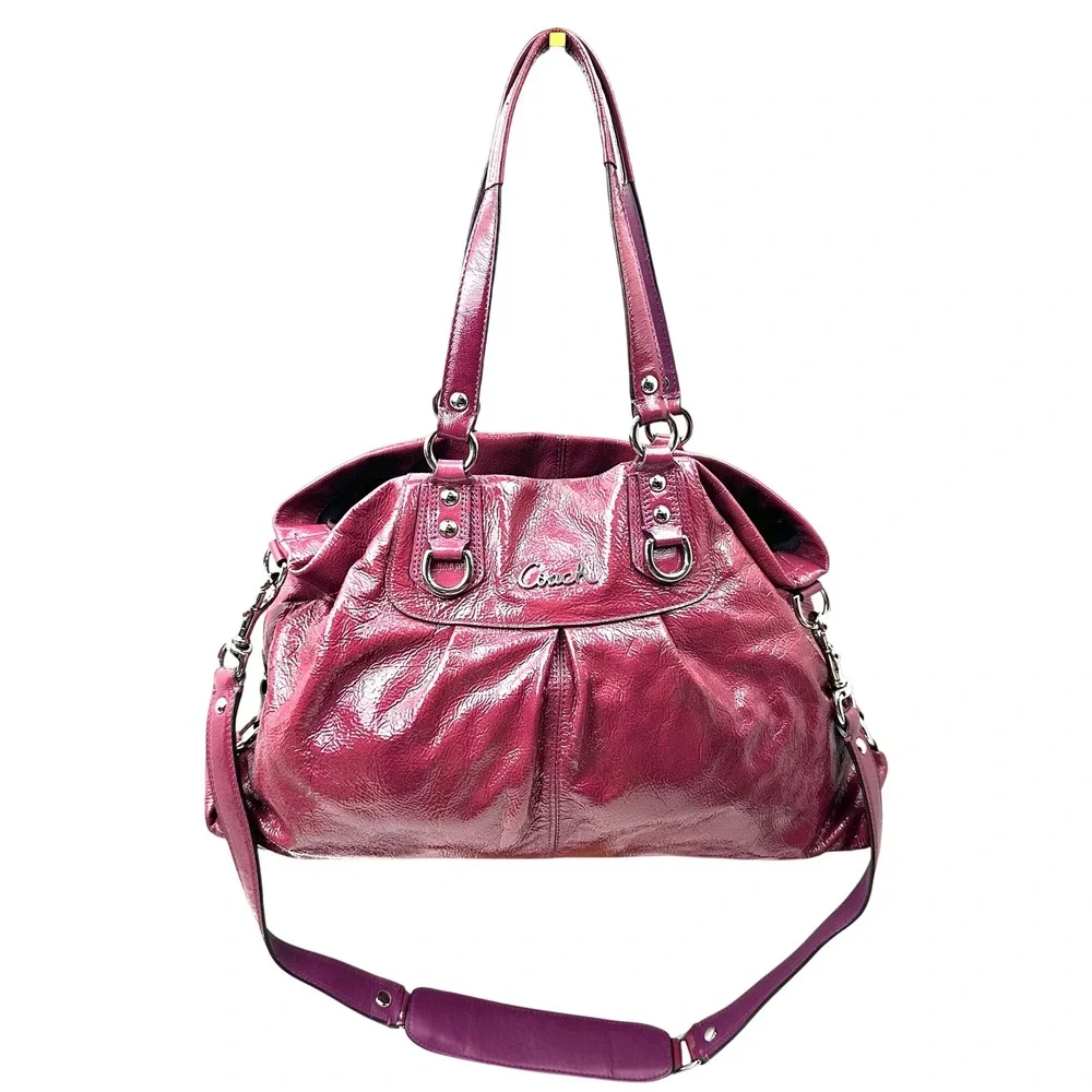 Coach Ashley Magenta Crimson Patent Leather Pleated Satchel Shoulder Bag F15455